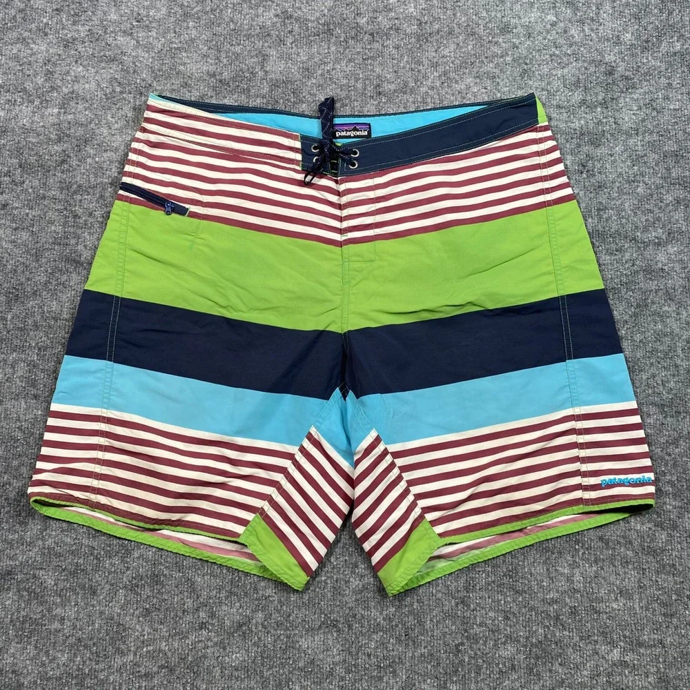 Patagonia Mens Striped Board Shorts Green Blue Maroon Swim Trunks Size‎ 38